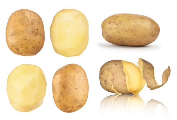 Collection of potatoes peeled, in the peel on an isolated white