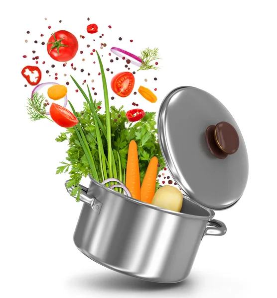 Fresh vegetables flying in a pot on an isolated white background — Stock Photo, Image