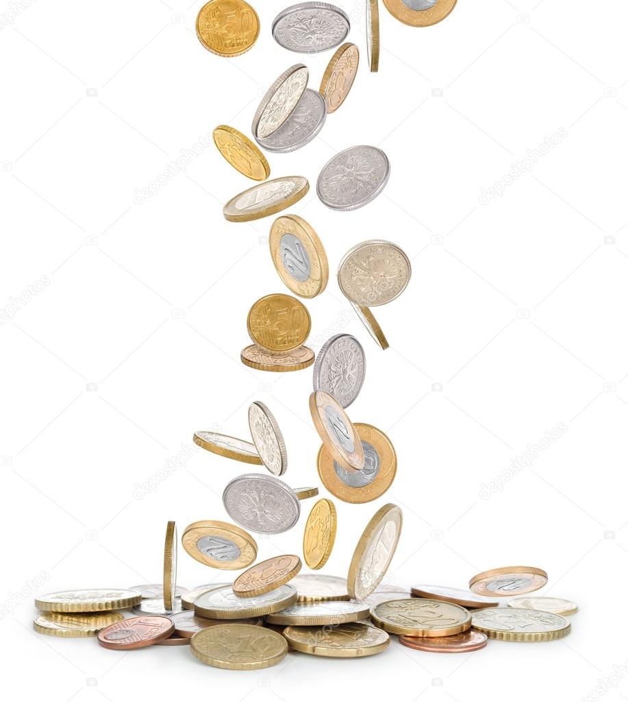 Heap of gold coins falling to the ground