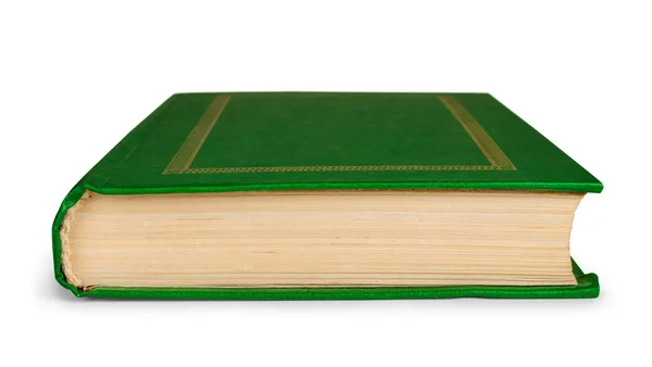 Livro fechado em capa verde para o lado em uma parte traseira branca isolada — Fotografia de Stock