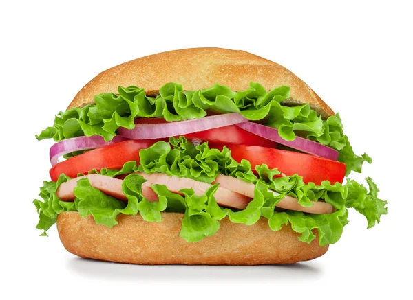 Sausage, lettuce, tomato on the sandwich with sesame seeds isola — Stock Photo, Image