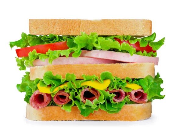 Fresh sandwich with salami, cheese, tomato, lettuce on white iso — Stock Photo, Image