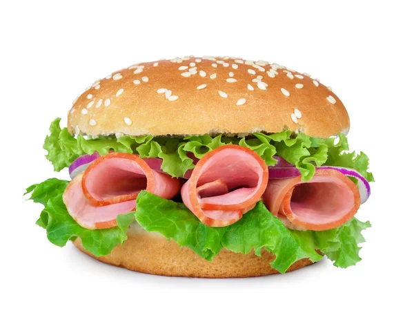 햄, 양상추, 참 깨에 고립 된 샌드위치에 양파 — 스톡 사진