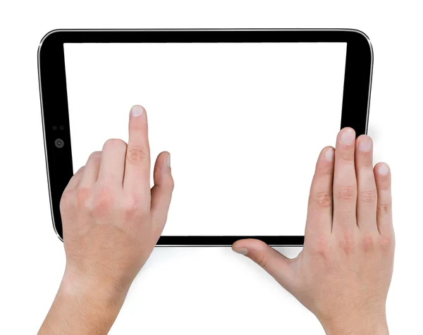 Mains féminines tenant un gadget tablette tactile avec isolat — Photo