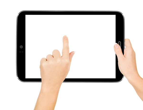 E-Book-Reader in den Händen halten. Beschneidungspfad für Bildschirm enthalten — Stockfoto