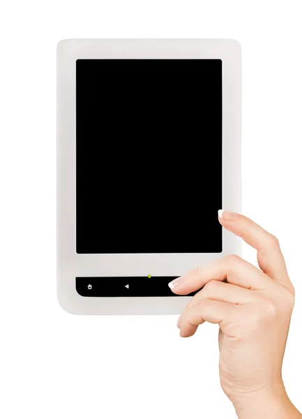 Держать читателя электронных книг в руках. Исключение пути обрезания для экрана — стоковое фото