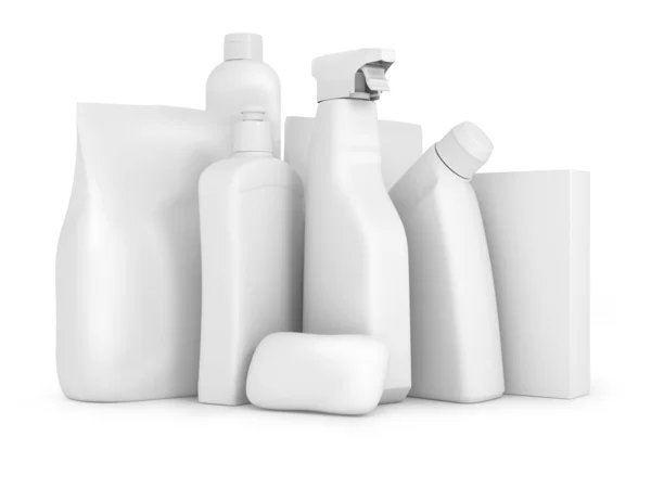 Detergent bottles and chemical cleaning supplies isolated on whi — Stock Photo, Image