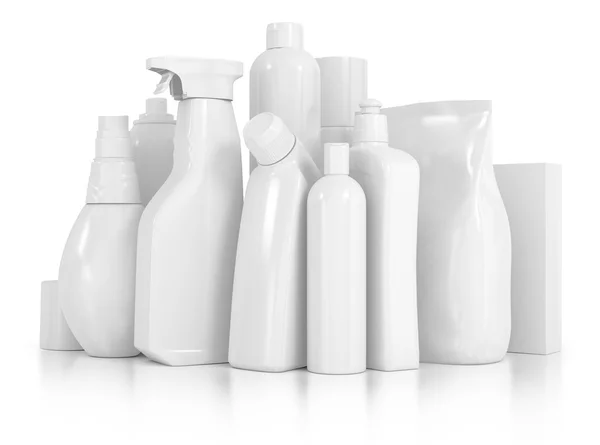 Detergent bottles and chemical cleaning supplies isolated on whi — Stock Photo, Image