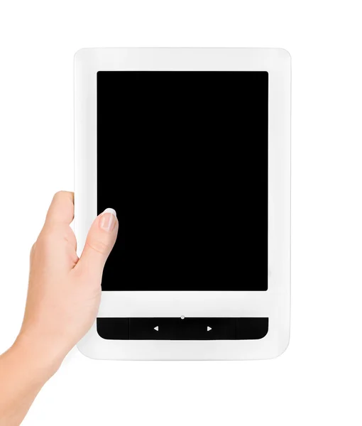 E-knihy čtenář v rukou drží. Ořezovou cestu pro obrazovku — Stock fotografie