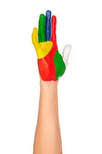 A painted hand in yellow, green, blue, red, white — Stock Photo, Image