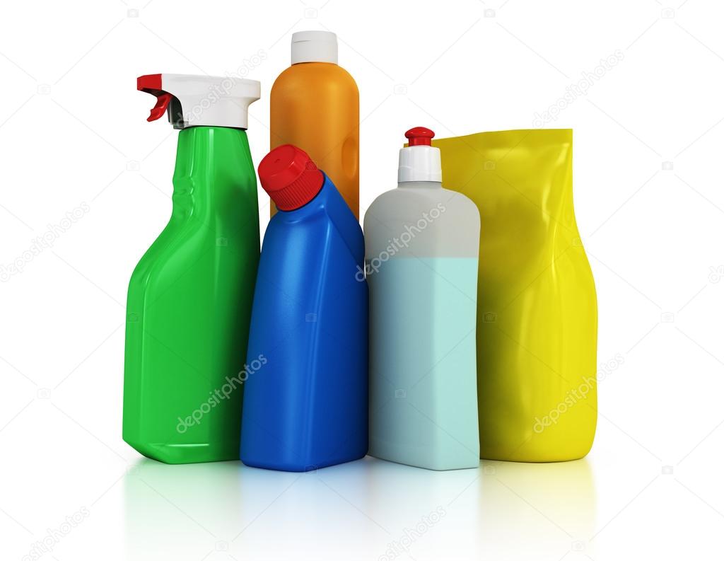 Detergent bottles and chemical cleaning supplies isolated on whi Stock