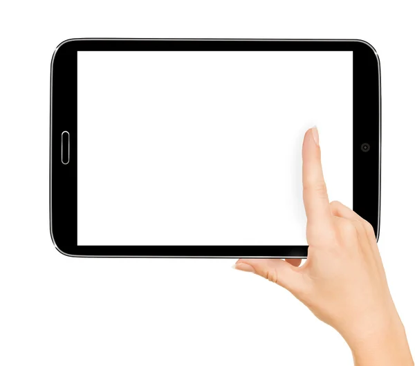 Ženské ruce držící tablet dotykové počítače miniaplikaci s izolátu — Stock fotografie