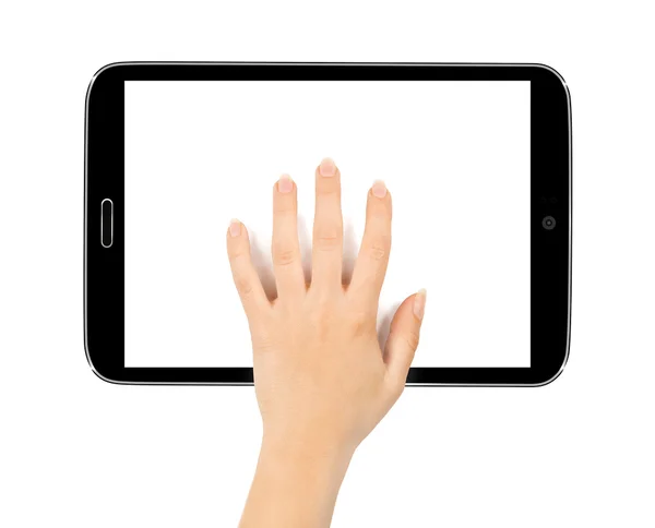 Mains féminines tenant un gadget tablette tactile avec isolat — Photo
