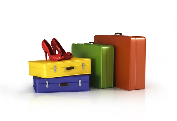Bőröndök piros magas sarkú cipő — Stock Fotó