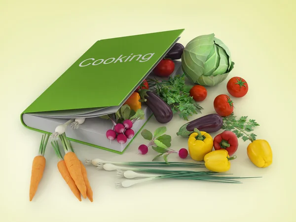 Receptenboek omgeven van voedingsmiddelen en nieuwe voedselingrediënten en keukengerei — Stockfoto