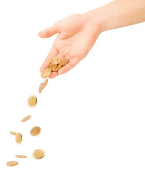 Falling Coins out of hand Isolated on white background — Stock Photo, Image