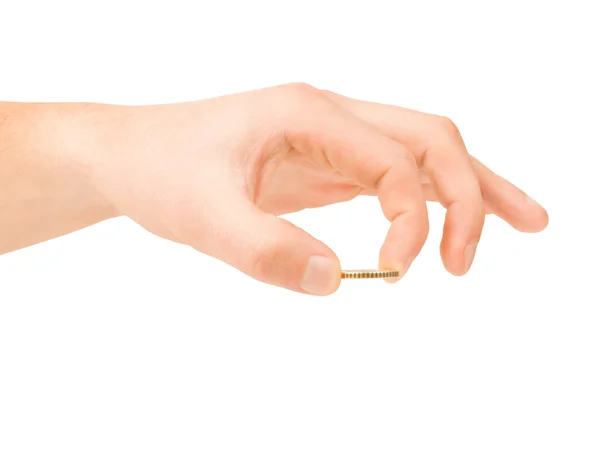 Hand with coin on a white background — Stock Photo, Image