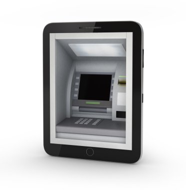 Online ödeme kavramı. Tablet PC ile Atm ve kredi kartı üzerinde bir