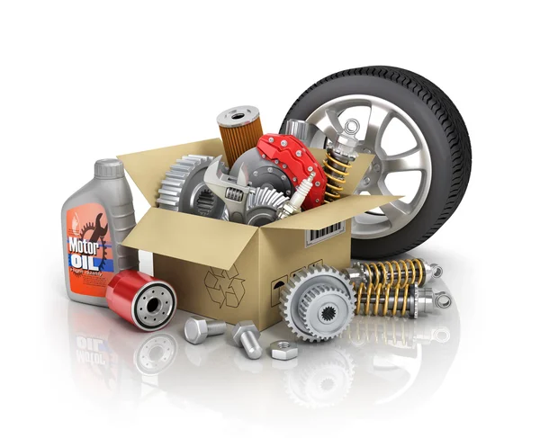 Auto parts in the cardbox. Automotive basket shop. Auto parts st — Stock Photo, Image