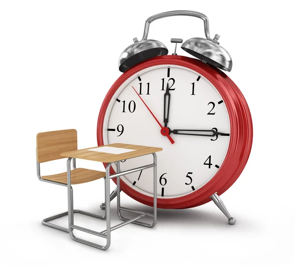Väckarklocka med skolan skrivbord. Skolan tid koncept. — Stockfoto