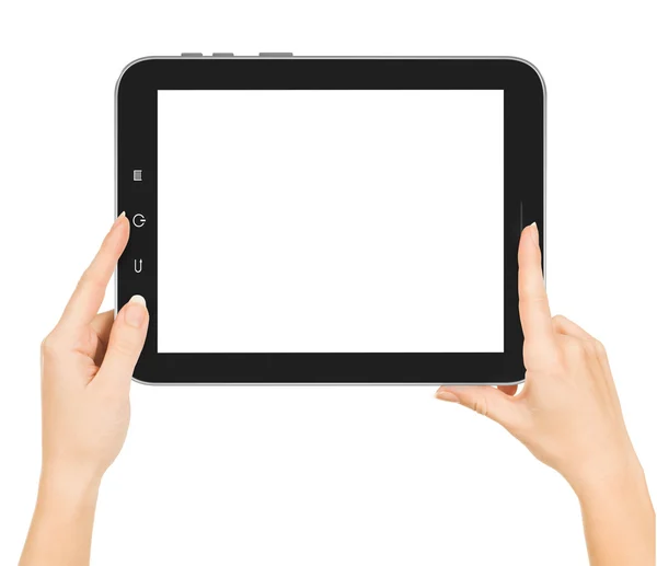 Mani femminili in possesso di un gadget tablet touch computer con isolato — Foto Stock