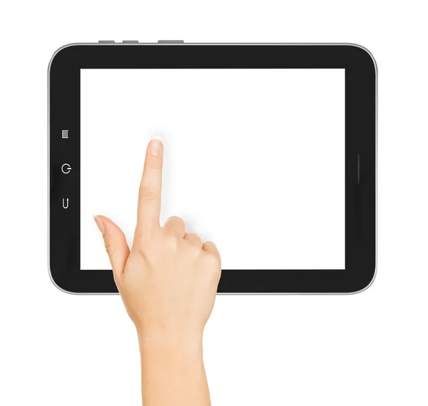 Mains féminines tenant un gadget tablette tactile avec isolat — Photo