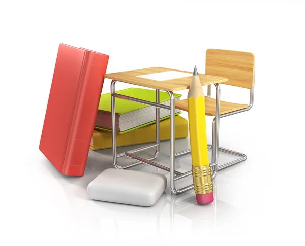 Stůl školní židle s kancelářskými potřebami — Stock fotografie