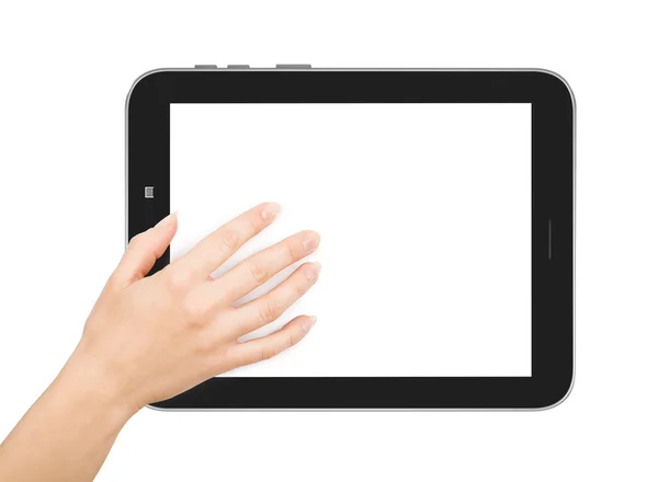 손을 잡고 흰색 배경에 고립 된 태블릿 pc — 스톡 사진