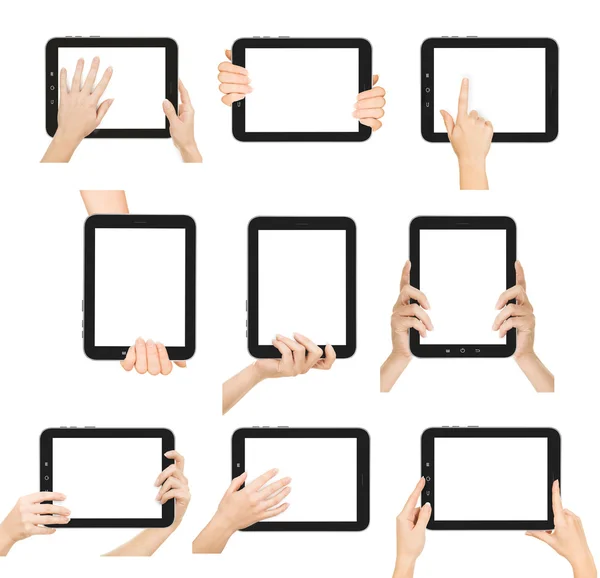 Conjunto de pantalla tablet con manos. — Stock fotografie