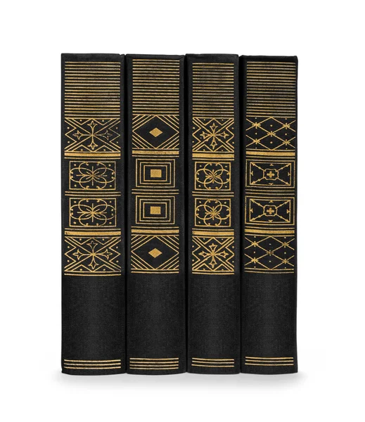 Stack of vintage books black with gold pattern on a white backgr — Stock Photo, Image