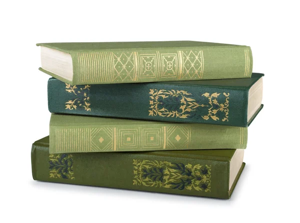 Stack of vintage books in a green cover on a white background — Stock Photo, Image