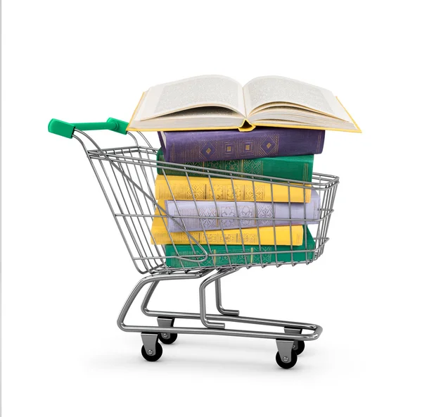 Stack di libri colorati in shopping card su una ba bianca isolata — Foto Stock