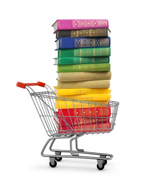 Pilha de livros coloridos em cartão de compras em um ba branco isolado — Fotografia de Stock