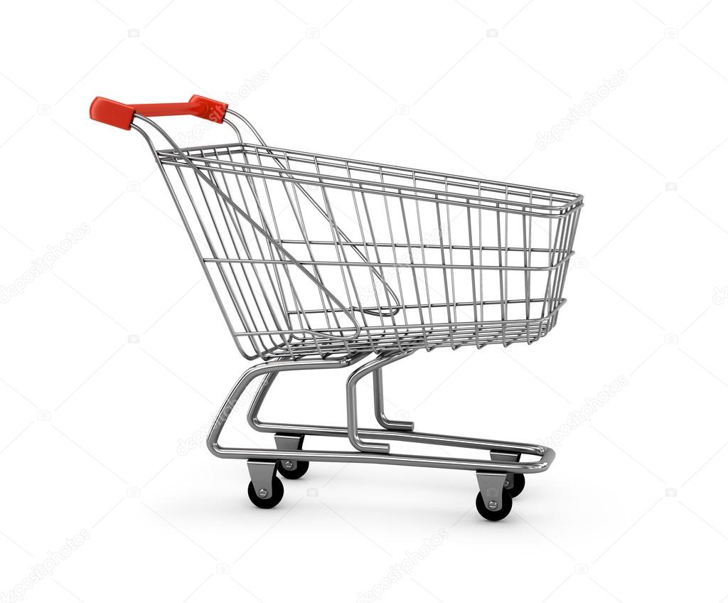3d metal shopping cart on the isolated white background