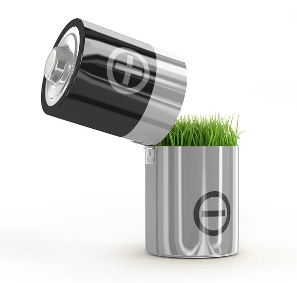 Ökologiekonzept eine Nettoenergie. eine Batterie und ein Gras auf weißem Hintergrund — Stockfoto