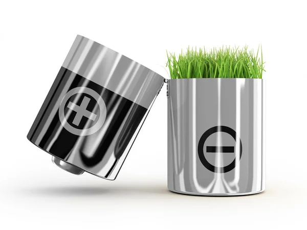 Ökologiekonzept eine Nettoenergie. eine Batterie und ein Gras auf weißem Hintergrund — Stockfoto