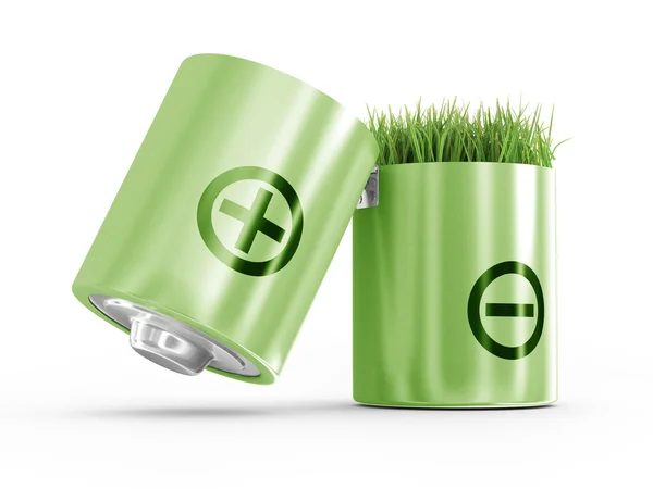 Экология понятие чистой энергии. Аккумулятор и трава на белом фоне — стоковое фото