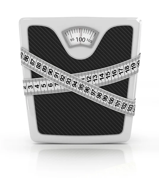 Personenweegschaal meetlint gewikkeld. Concept van gewichtsverlies, voeding, gezonde levensstijl. — Stockfoto