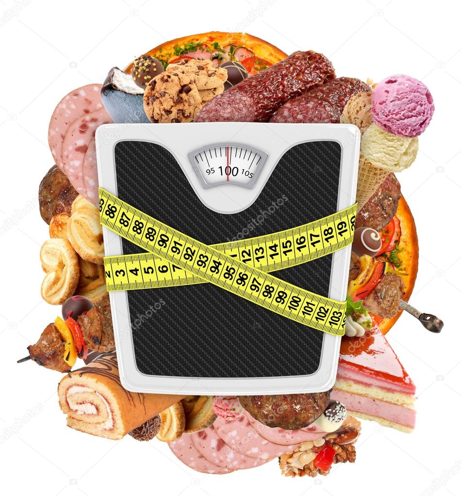 Measuring tape wrapped around bathroom scales. Concept of weight loss, diet, healthy lifestyle.