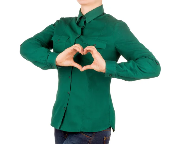 Feminino com camisa verde isolado no fundo branco — Fotografia de Stock