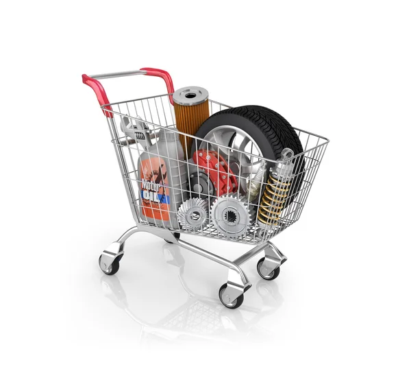 Auto parts in the trolley. Auto parts store. Automotive basket s — Stock Photo, Image