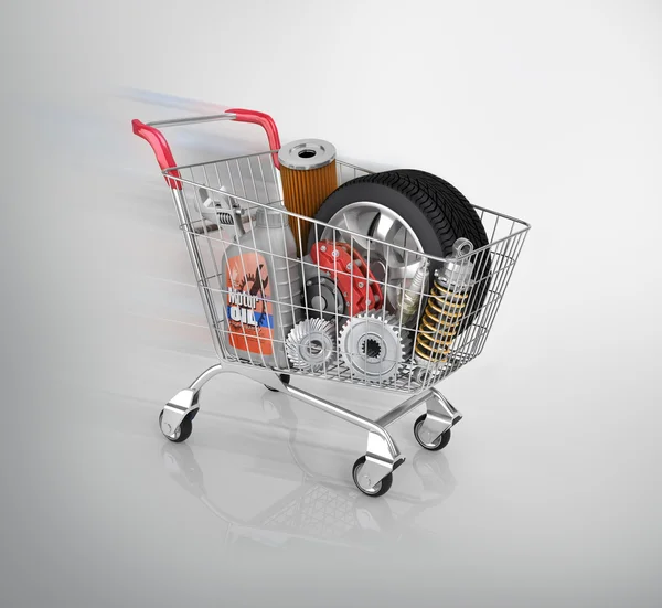 Auto parts in the trolley. Auto parts store. Automotive basket s — Stock Photo, Image