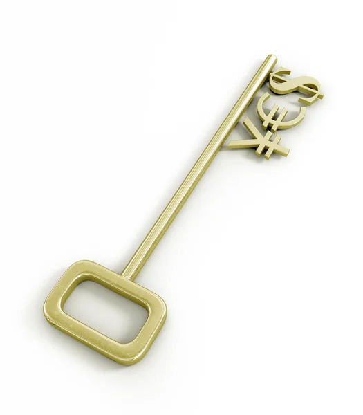 Simboli di valuta d'oro sulla chiave con la parola sì sul bianco . — Foto Stock