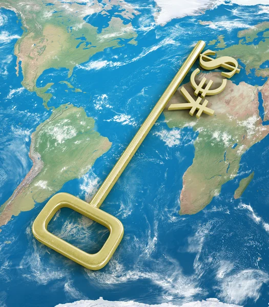 Золоті символи валюти на ключі зі словом "так" на світі . — стокове фото