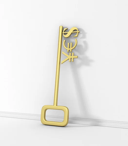 Symboles de monnaie d'or sur la clé avec le mot oui sur le mur . — Photo