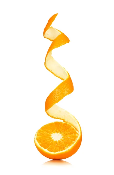 Juicy orange with peeled spiral skin isolated on white — Stock Photo, Image