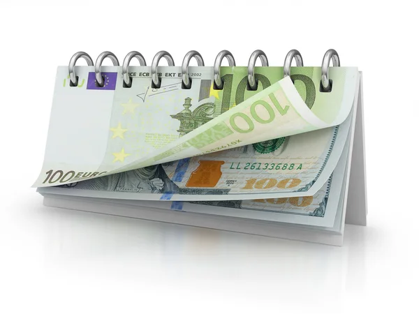 Kalender met dollar en euro rekeningen. — Stockfoto