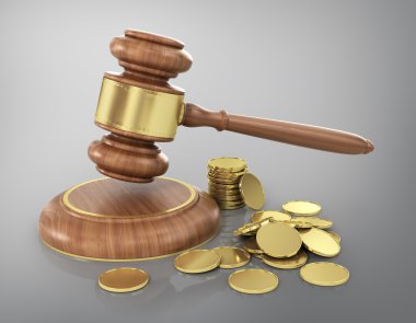 Concept of law. Wooden gavel with gold coins. clipart