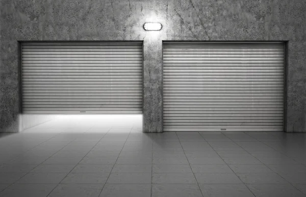 Garage gebouw gemaakt van beton met sluitertijd roldeuren — Stockfoto