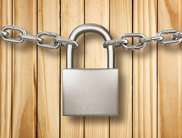 Locked padlock with silver chains isolated on wood background. S — Stock Photo, Image